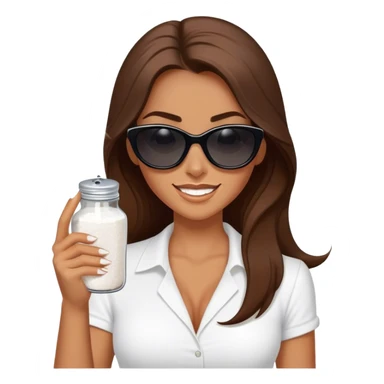 sassy woman with long brown hair, tan skin, and dark sunglasses holding a salt shaker filled with white table salt. She is sprinkling the salt out from the shaker. She is smirking.  sticker