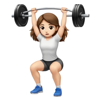 A girl with light skin, big eyes, long brown hair and wearing a white shirt is doing an overhead squat with a lot of weight on the barbell sticker
