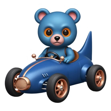 dark blue and rosegold-accented  retro racing car driven by furry-faced small evil alien scary teddy bear with rear spoiler and wheely bar sticker