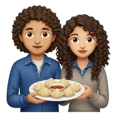 Can you create an emoji of three 23 year olds eating dumplings. One boy with wavy curly hair and one Jewish girl with long dark brown curly hair and one half Indian / half white girl with mid length straight dark brown hair. All brown eyes sticker