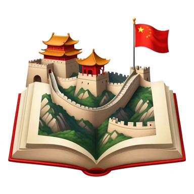 An icon featuring the Great Wall of China and the flag of China, symbolizing the Chinese language. The design includes an open book with Chinese characters and a red lantern, representing language learning and rich cultural tradition. Transparent background highlights the depth of Chinese heritage. sticker