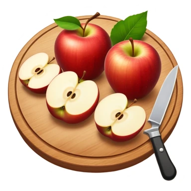 A round wooden board with a whole apple and several slices on it and knife with leaves sticker