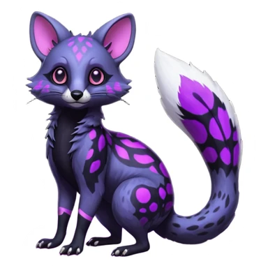 Obsidian-onyx-pitch-black fur base coat with glowing-neon-purple markings and patterns, shiny blind eyes, magical fantasy-Genet-Sentret-Marsupial-Possum-Vernid-Sergal-Fakémon-hybrid, by LiLaiRa-griffsnuff, full body sticker