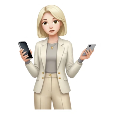 pale skin woman with ash blonde Straightened bob Hair, White Spacious classical jacket, beige palazzo Arrow pants and gray blouse holding white IPhone 14 pro in the hands sticker