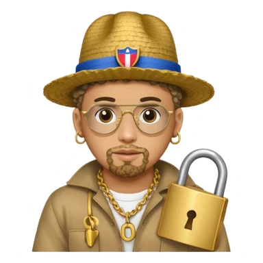 An emoji of Bad Bunny, the superstar from Puerto Rico. The singer. His hair is curly. He has a padlock beard. An an traditional boricua hat.  sticker