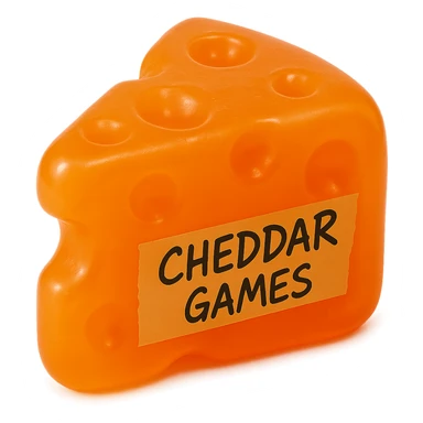 Transform the block of cheddar cheese into the exact shape of the reference image: a classic cartoon Swiss cheese wedge with rounded edges and holes. Change the color to a much more translucent, bright orange gummy bear-like hue. Maintain the hyper-realistic, retro, soft plastic 90's toy texture with soft reflections, a slightly squishy and cloudy appearance, and a subtle glow. Keep the tape with 'Cheddar Games' in sharp, messy handwriting on the side. No background. sticker