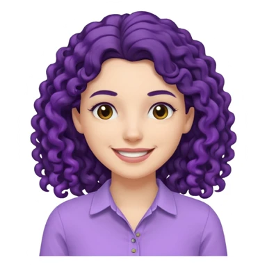 mujer blanca con cabello largo rizado negro sonriendo con camisa lila sticker