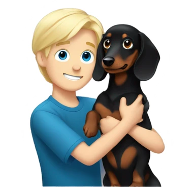 Blonde hair blue eyed boy cuddling black long haired dachshund  sticker