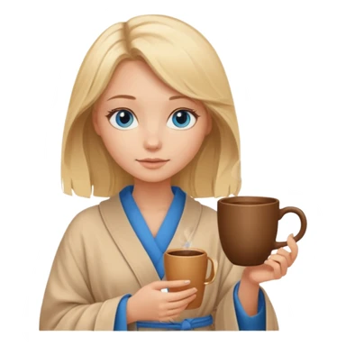 cozy blonde girl with middle length hair and blue eyes holds a brown cup in beige  robe sticker