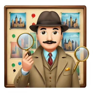 Icon for Detective Movies: A colorful collage featuring Detective Poirot, with a magnifying glass, revolver and a mysterious city backdrop. Include a board with photos of suspects, fingerprints, and a crime scene. Retro movie poster style. Transparent background. sticker