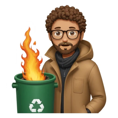 curly skinny guy with bear and glasses, heating in front of a trash bin on fire  sticker