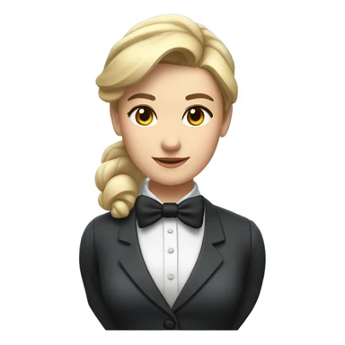 a caucasian female butler with a professional and elegant demeanor. She has her hair neatly tied in a ponytail and wears a classic butler uniform, including a tailored vest, crisp white shirt, and bow tie. sticker