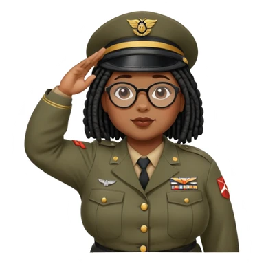 chubby black girl with pretty black shoulder-length locs and round glasses wearing a wwii soldier uniform and saluting sticker