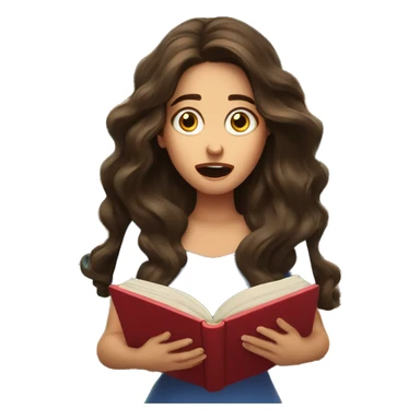brunette long wavy hair woman shocked face while holding and reading book sticker