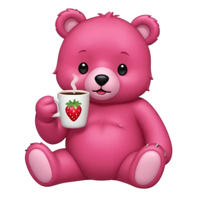 A pink bear is holding a strawberry and drinking coffee with a transparent background in a teenager hand-drawn, 2D, japanese charectors like, style sticker