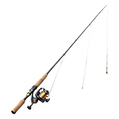 Cinematic Realistic Fishing Rod, sleek graphite rod with a smooth, polished reel, thin line disappearing into a shimmering lake, warm golden sunlight reflecting off the water, glowing with a tranquil and adventurous aura. sticker