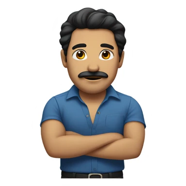 A man with a barely grown mustache and black hair blue shirt sticker