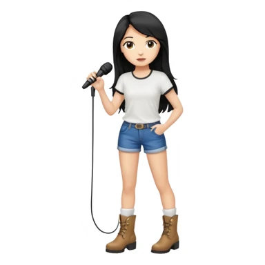 Crie uma cantora morena charmosa de shortes top e bota com microfone branca e cabelo preto sticker