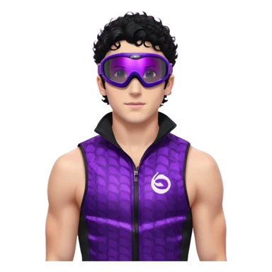 male athlete with white skin and moderately curly black hair on top with shaved sides, wearing ski goggles with purple frames and very dark black lenses, a simple plain black chain necklace, and a completely unzipped sleeveless vest with purple and black sequin fire pattern design with no logo or brand emblem, fully revealing his chest, shoulders and arms, no earrings sticker