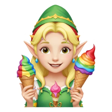 A cheerful elf girl with pointy ears holding a rainbow ice cream cone, smiling brightly.

 sticker