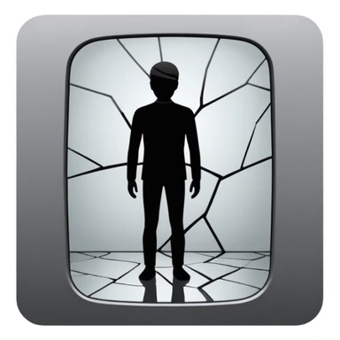 Minimalist emoji-style sticker of a person standing in front of a cracked mirror. The mirror shows a dark shadowy silhouette or distorted figure instead of a reflection. Flat black and white design with muted gray tones. No text. Bold, clean lines. Square composition. No shading or gradients. sticker