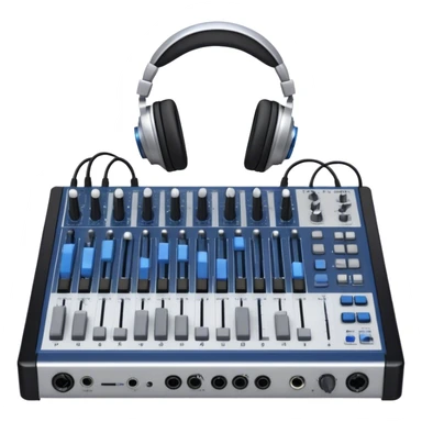 Create a professional and technical emoji that represents sound engineering. The design should feature a sound mixing console with faders, a pair of studio headphones, and audio waveforms to symbolize the precision and technicality of sound mixing and mastering. Include elements like a microphone or audio cables to reflect the recording aspect. Use colors like silver, black, and dark blue to represent the technical, yet artistic side of sound engineering. The background should be transparent. sticker