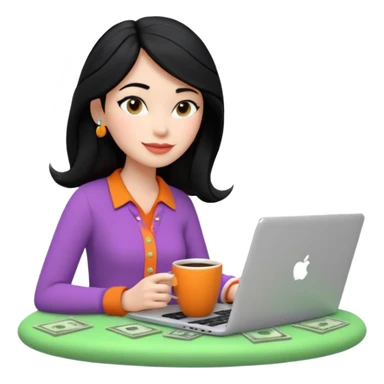 3D clay woman character relaxed with laptop and coffee in Paris, floating icons (dollars), colofrful modern outfit, white laptop, Pixar style, transparent background, black hair, fair skin,  sticker