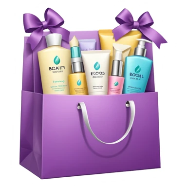 Gift bag with beauty products (shampoo, creams, styling products), a gift bag is beautyful open box full of luxury brand-labeled beauty products sticker