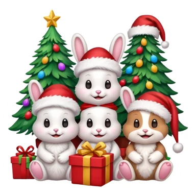 Smiling Bunnys with Santa hats sitting by as friends around brightly lit colorful Christmas trees and candy canes 🎁  sticker