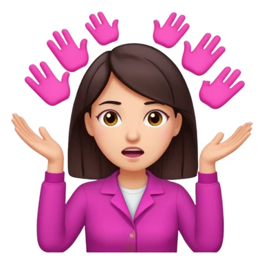 Social media manager. She has dark brown hair, brown eyes, exhaling deeply, hands slightly raised showing frustration. Use vibrant colors with a focus on pink and fuchsia tone sticker