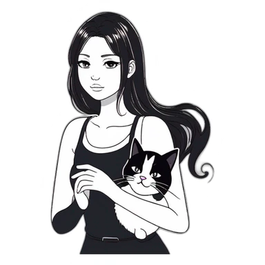 girl with black hair and black and white cat sticker