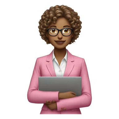 Business women curly hair glasses and wearing a pink suit holding a laptop  sticker