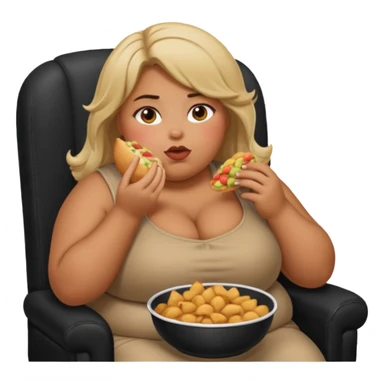 Heavyset girl stuffing face with food while sitting in black chair sticker