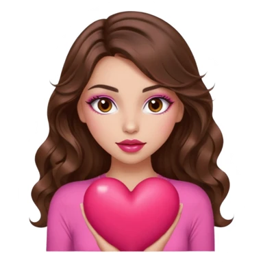 girl with long wavy brown hair, brown eyes, long lashes makeup, sexy pink lips, light to medium complexion, wearing a pink sexy top, squeezing a big heart sticker
