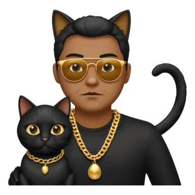 Freaky Larry is a cat with a gold chain and sunglasses standing behind a scared man with no facial hair. Make sure the cat is black sticker
