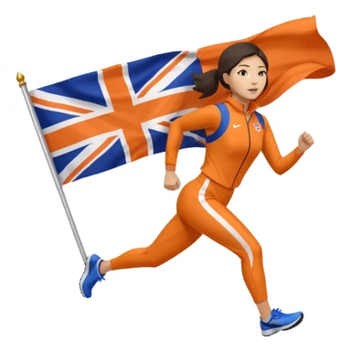 asian woman in orange sport suit and holding uk flag on the back, running sticker
