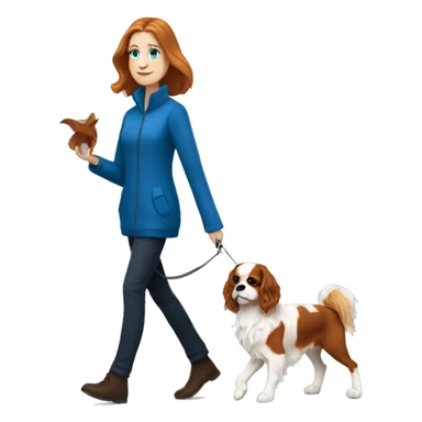 A white woman with blue eyes walks with a cavalier King Charles spaniel sticker