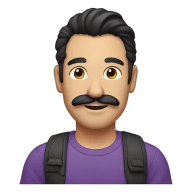 a man with long dark hair in a ponytail and a mustache shows a thumbs up, purple T-shirt and brown eyes sticker