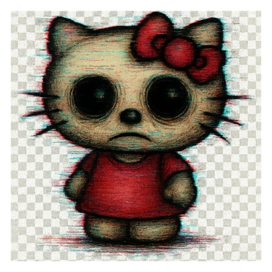 Add a digital glitch effect to the image while keeping the uncanny and unsettling vibe. Remove the background entirely for a clean isolated subject. sticker