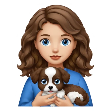 Baltic girl with light skin, wavy brown hair, blue eyes, holding a fluffy black and white dog, apple emoji style sticker