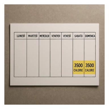 Hyperrealistic top-down view of a weekly calendar in Italian, showing days from Monday to Sunday. Only Saturday and Sunday have the text '3500 calorie' highlighted with a yellow background below, with no red circle on Friday. 4K details, desk atmosphere. sticker
