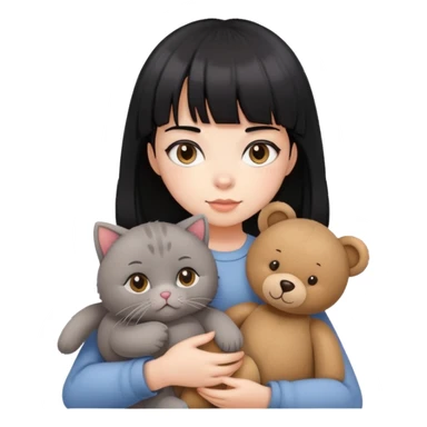 A girl with black hair with bangs and a white face is holding a British gray cat and a brown teddy bear sticker
