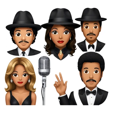 Icon for R&B Music: collage of iconic R&B artists—Michael Jackson, Beyoncé, Lionel Richie, Whitney Houston, and Barry White. Each artist represented by a silhouette or symbolic item (like a glove, microphone, or fedora). Transparent background. sticker