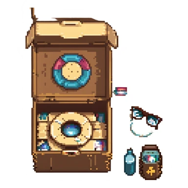 An open box containing a protective amulet from mom, a vinyl record from a friend, bandages, and glasses sticker