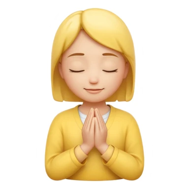 A 3D Apple-style yellow round emoji, calm and patient expression, closed eyes with a gentle smile, hands together in front as if waiting or praying, soft relaxed eyebrows, subtle glow around the head to symbolize patience, clean minimal background sticker