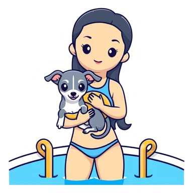 Slim Chinese woman with long black hair in appropriate pool attire at an indoor swimming pool with her Italian greyhound that is COMPLETELY solid grey, with absolutely NO white markings anywhere, single uniform grey color throughout entire dog body sticker