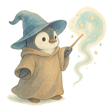 ghibli style penguin wizard casting a spell, soft colors sticker