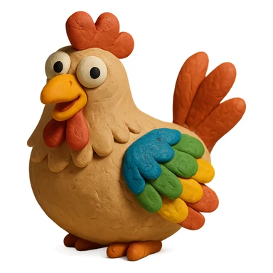 hen with colorful feathers and playful expression in claymation style sticker