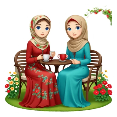 Turkish beautiful finish Konya girls blue eyes with Beautiful beige red green floral hijab long tail dress and this two friends sit in a lovely garden on the chair on the ground and holds cup coffe with her hand  sticker