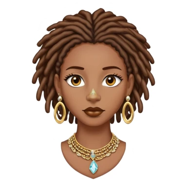 Black girl with brown locs collar bone length gold earrings and gold nose piercing long eye lashes and crystal necklace on  sticker